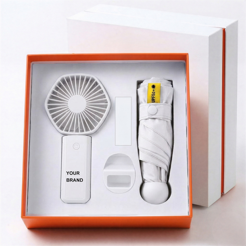 Set de regalo con mini ventilador USB recargable, paraguas, taza de agua, logotipo, regalo promocional empresarial para días festivos