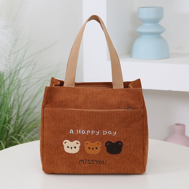 코듀로이 자수 곰 휴대용 화장품 가방 새로운 여성 학생 한국 스타일 핸드백 외출 여성용 대형 보관 가방