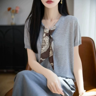 夏季新款韩版简约百搭天丝亚麻V领短袖丝巾系带女针织开衫短袖女