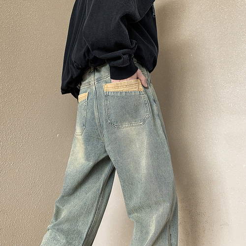 Men's American-style denim jeans with belt, straight-leg loose fit, high street vibe, national trend oversize spring wide-leg pants