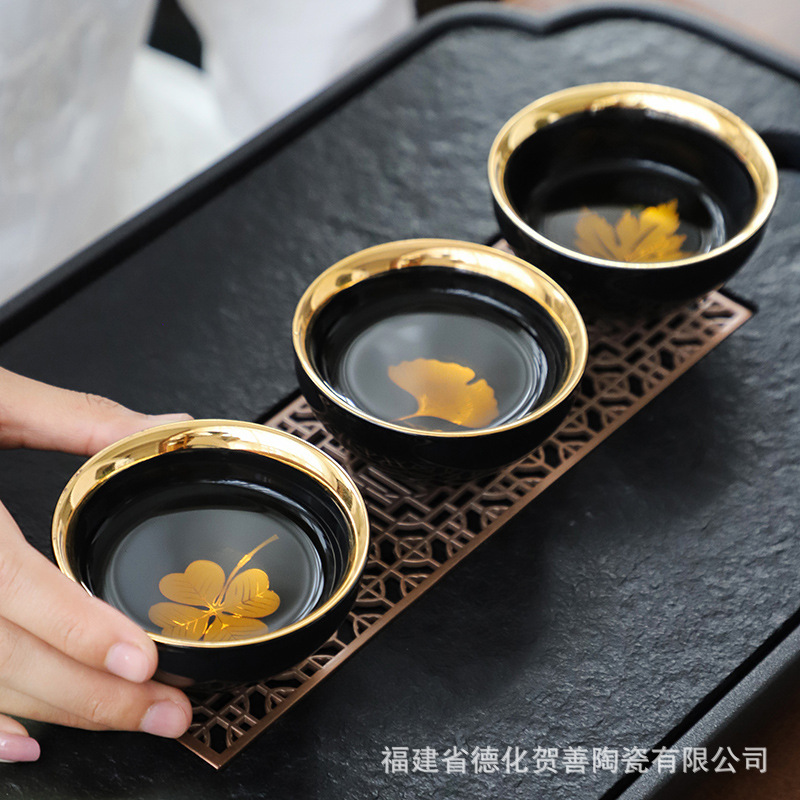 大號鎏金建盞木葉功夫茶杯窯變茶具主人杯品茗單杯茶盞禮品批發