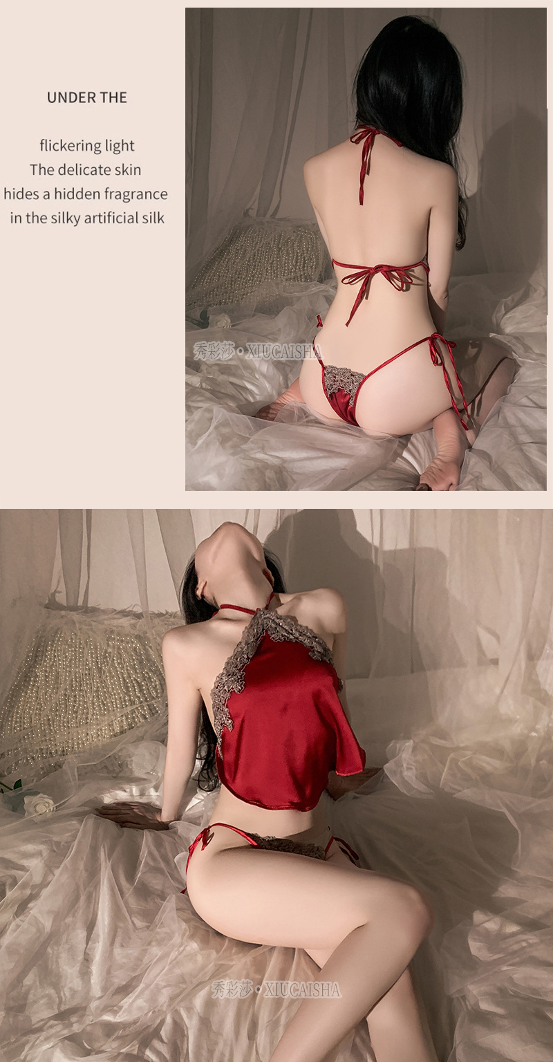 Retro Lace-up Bellyband Pajama Set with Matching Briefs, Wine Red Polyester — detail image 13