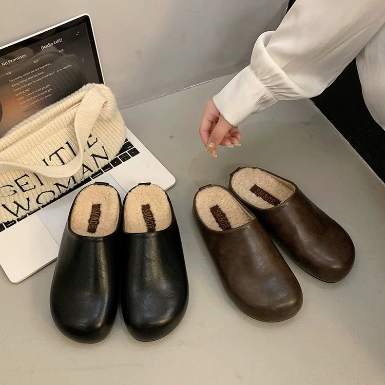 Женские теплые полутапочки в корейском стиле на толстой подошве с флисовой подкладкой, новинка осени-зимы 2025, повседневные уличные плюшевые туфли с закрытым носком в стиле Birkenstock