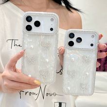 适用苹果17ProMax水钻猫珍珠蝴蝶手机壳iPhone16米奇15镭射防摔套