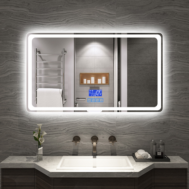 Espejo inteligente de pantalla táctil de baño tipo pared con lámpara de inodoro maquillaje led espejo de pared desfogado image 24