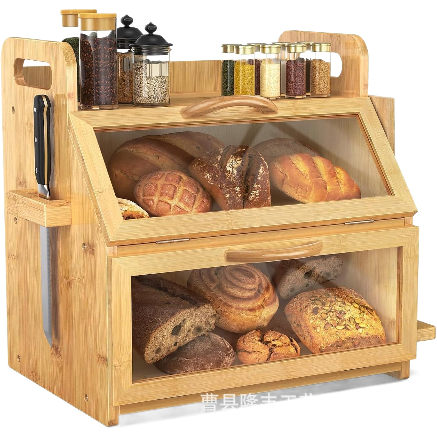Double-Layer Wooden Bread Storage Box Home Kitchen Baking Snack Baguette Storage Box Flip-Top Bamboo Bread Box