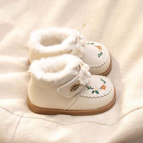 Cotton Shoes for Girls with Fleece Lining, Winter Waterproof Leather Boots, Soft Sole, Cute Children's Traditional Chinese Style Embroidered Short Boots, Hanfu Inspired Princess Shoes
