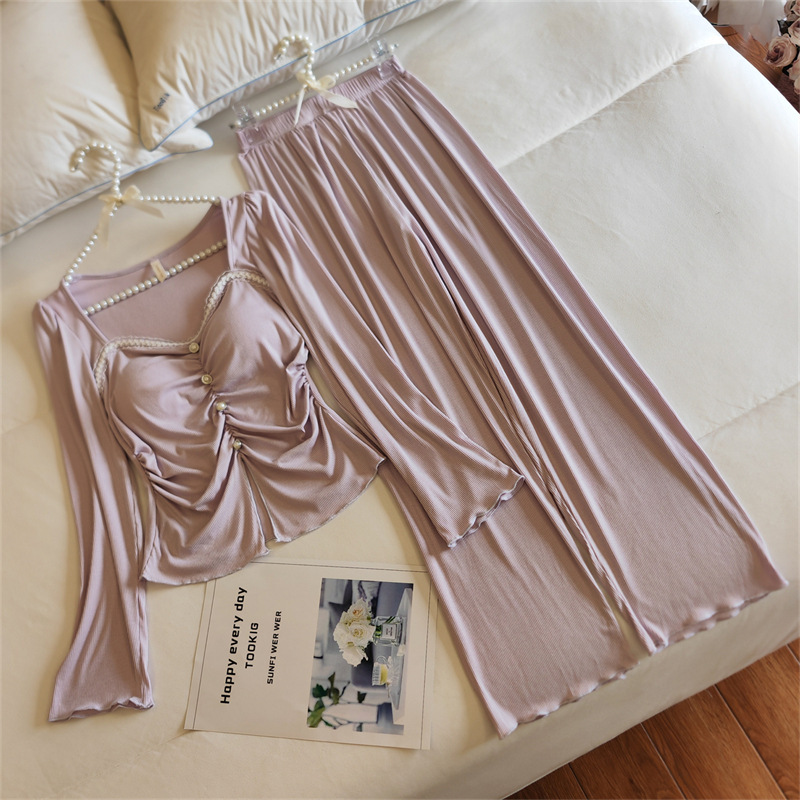 Pajamas Women's Spring and Autumn New Lace Lace French Sexiness Belt Chest Pad Modale Cotton Pure Micro Two-piece Set Pajamas Women's Spring and Autumn New Lace Lace French Sexiness Belt Chest Pad Modale Cotton Pure Micro Two-piece Set
