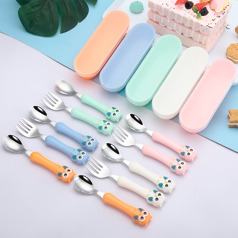 304 Stainless Steel Children's Knife Fork Spoon Cartoon Owl Children's Tableware Set Household Baby Feeding Tableware