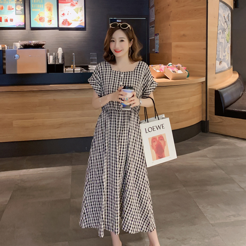 Big size dress 2021 Summer new Large MM lattice Waist ventilation By age Show thin Mid length version Dress