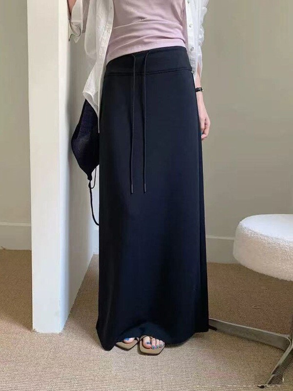 Black Skirt for Women, New Style, Versatile, Casual, Sporty, Drawstring, High Waist, Slimming, Straight-Cut, Slit Long Skirt Black Skirt for Women, New Style, Versatile, Casual, Sporty, Drawstring, High Waist, Slimming, Straight-Cut, Slit Long Skirt