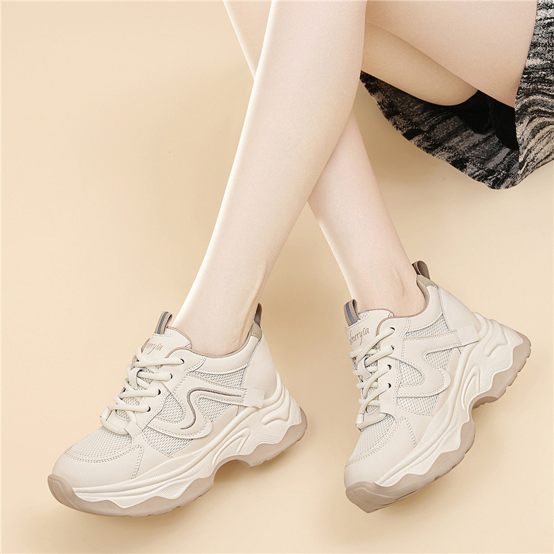 Versatile New Dad Sneakers, Fashionable Spring Mesh Breathable White Shoes, 5cm Thick Sole Height-increasing Casual Sports Women's Shoes_vogvips.com