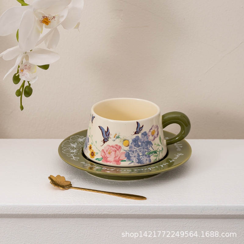 レトロ油絵コーヒーカップ皿セット陶磁器マグカップ小衆カップルカップ蝶コーヒーカップ皿ギフトボックス|undefined