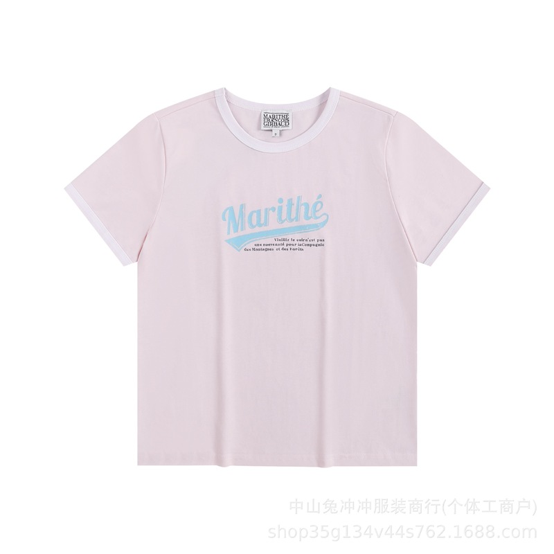 韩国marithe字母刺绣印花休闲正肩短袖男女同款重磅T恤一件代发潮|undefined