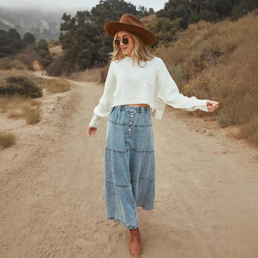 Denim Skirt For Women, A-line Layered Design With Splicing_voghion.com