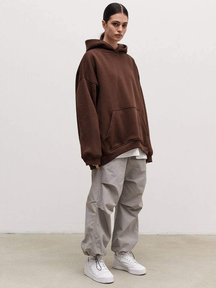 Áo hoodie nỉ lông dáng rộng có mũ và túi, tay dài, dáng unisex — Màu cà phê, Màu hồng, Màu xám, Màu đen chi tiết 58