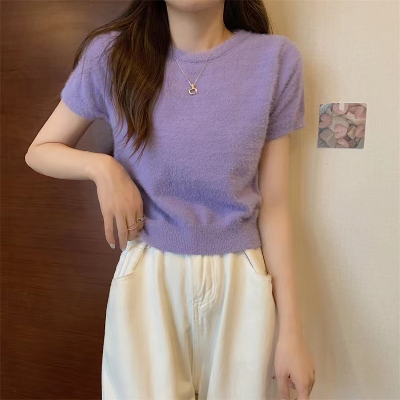 丸襟の頭の純色の半袖のニットの女性の春の韓国版の短い金は純色を修理してミンクの上着の女性の小さいシャツの潮をまねます。|undefined