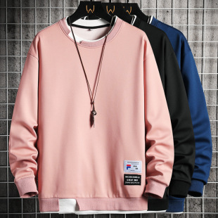 Spring and Autumn Men's Sweatshirt Casual Easiest for Match Youth Handsome Long Sleeve Inner T-Shirt Fake Two-Piece Round Neck Sports Sweatshirt