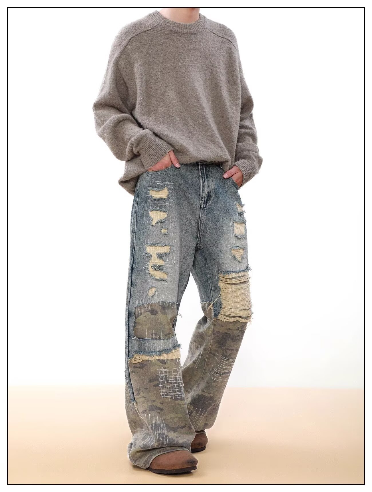 Jeans uomo vintage denim distressed patchwork camouflage blu_voghion.com
