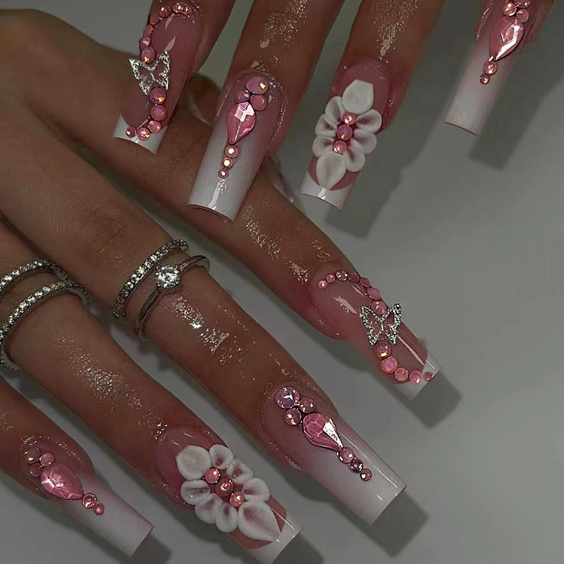 24 Pieces of Square Peach French White Edge Embossed White Flower Handmade Diamond Flash Cross-Border Fake Nails European and American Nails 24 Pieces of Square Peach French White Edge Embossed White Flower Handmade Diamond Flash Cross-Border Fake Nails European and American Nails