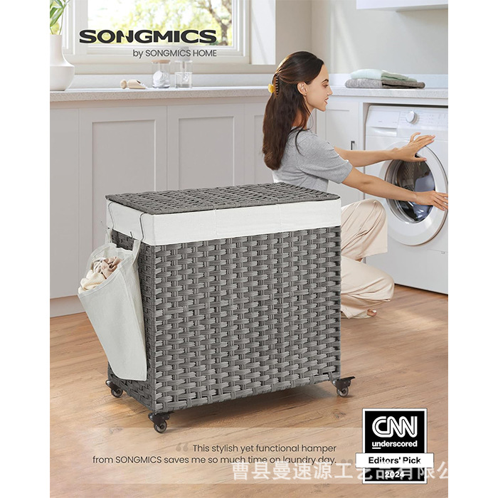 Ready-Made Rattan Dirty Clothes Storage Basket with Lid, Laundry Room Hand-Woven Basket, Foldable Laundry Basket with Pulleys