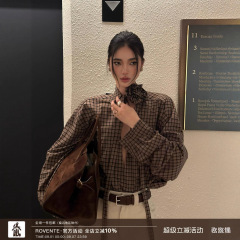 rovente胶片定格 设计感格子衬衣女复古休闲长袖飘带咖色衬衫外套