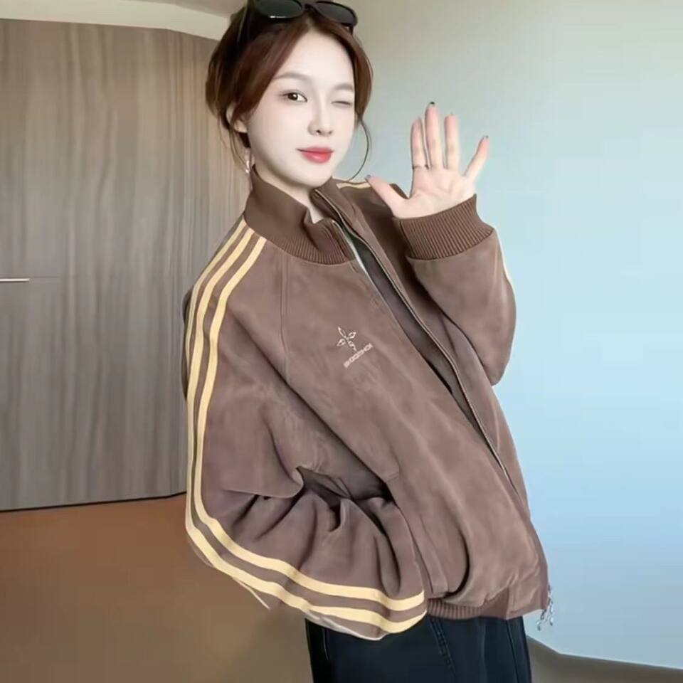 Áo khoác jacket nữ dáng rộng cổ đứng tay dài kiểu bóng chày — Màu be, Màu cà phê, Màu nâu, màu đen chi tiết 3