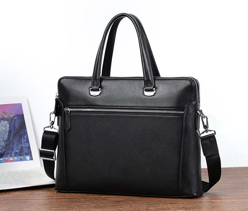 Cặp công sở mỏng da bò thật hai dây kéo, túi xách tay đeo chéo vai cho nam, đựng laptop 14 inch, 38,5×6×28 cm — Màu đen chi tiết 5