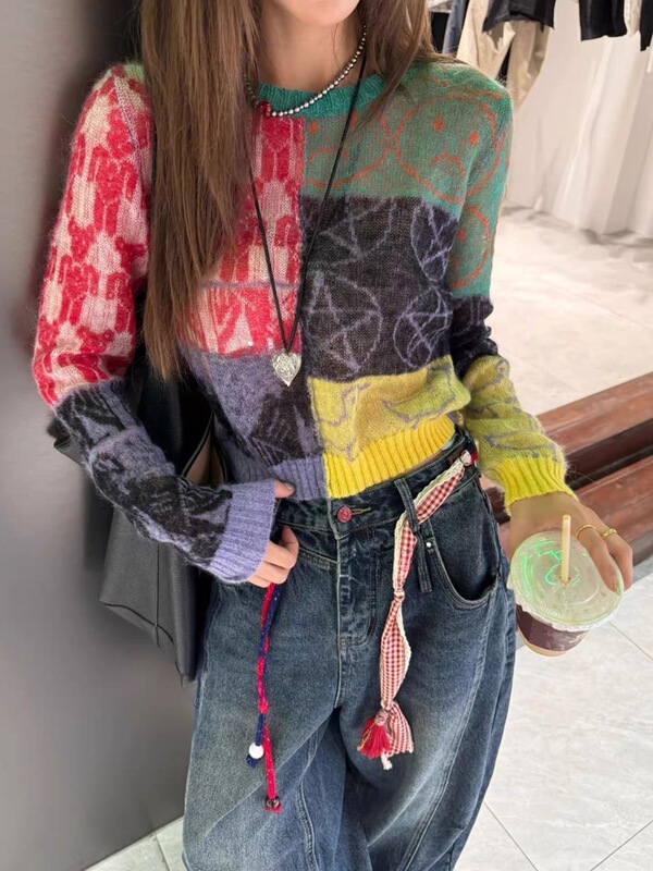 设计感彩绘撞色拼接长袖针织衫女款2025早秋宽松显瘦短款毛衣上衣|undefined