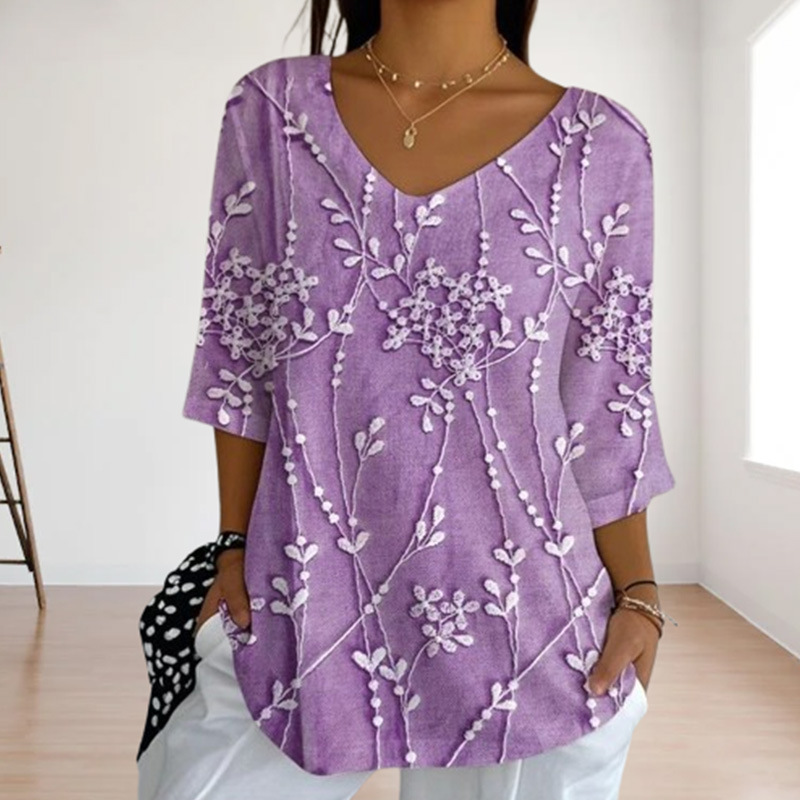 Cross-Border European and American New Purple Retro Imitation Lace Printed V Neck 3/4 Mid-Sleeve Top Tiktok Independent Station Ready Stock