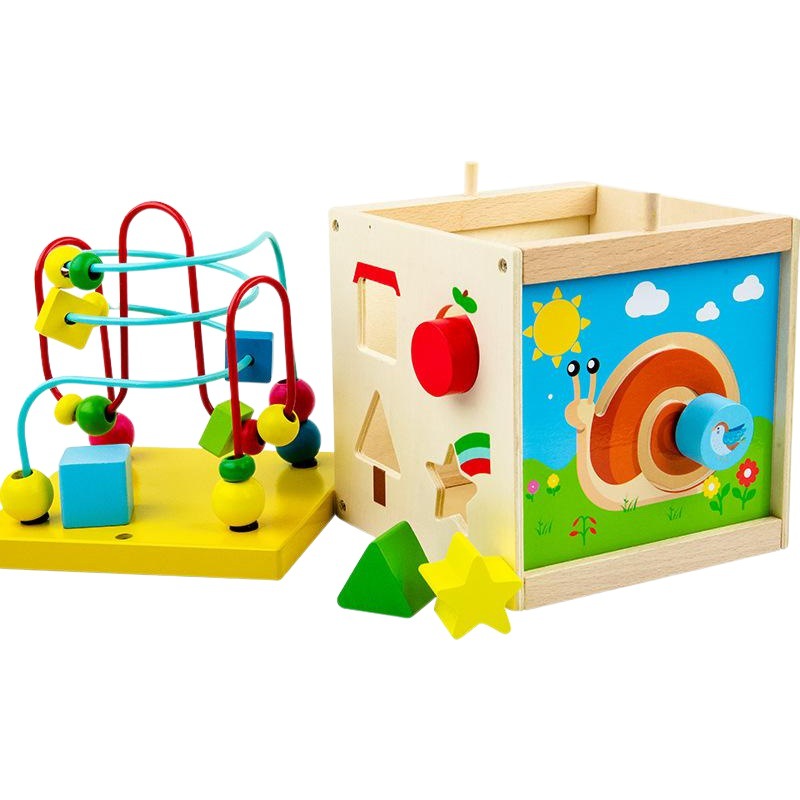 Productos de madera en stock: Juguete educativo temprano de madera con forma geométrica multifuncional de cuatro lados para ensartar cuentas y desarrollar la cognición.