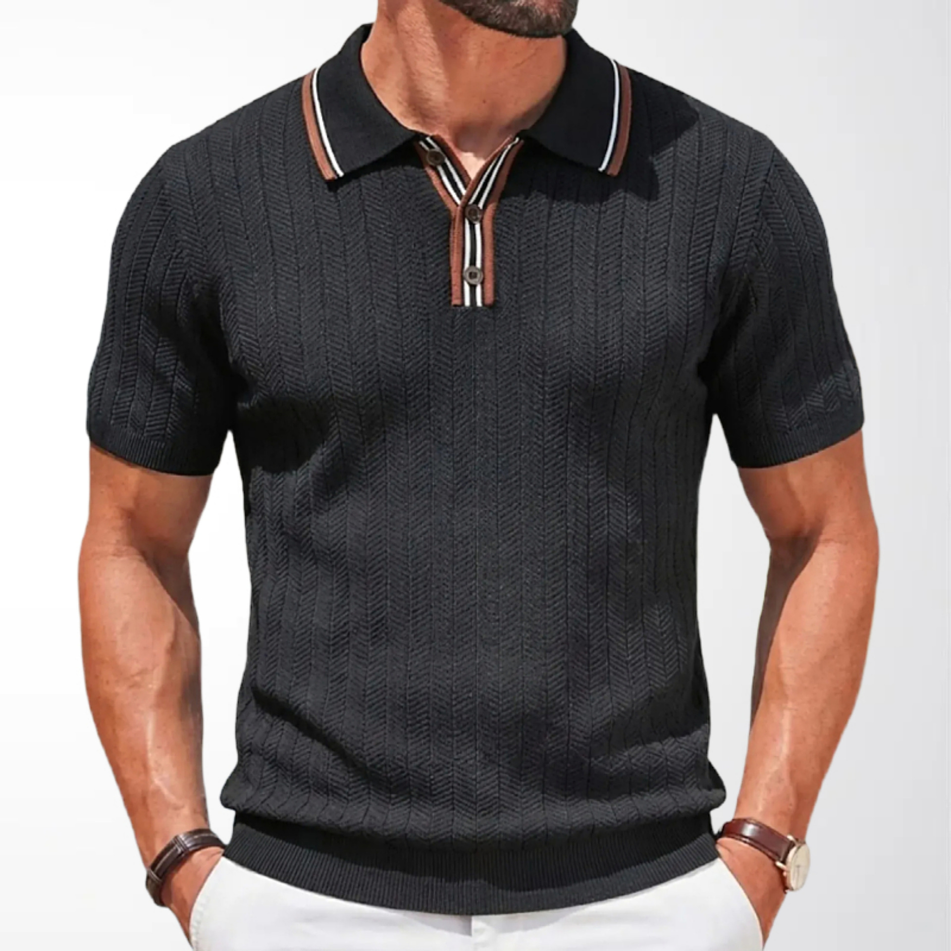 K Men's Short Sleeved Knitted Sweater, Business Casual Lapel, Twisted Flower Striped Polo Shirt_viptrois.com