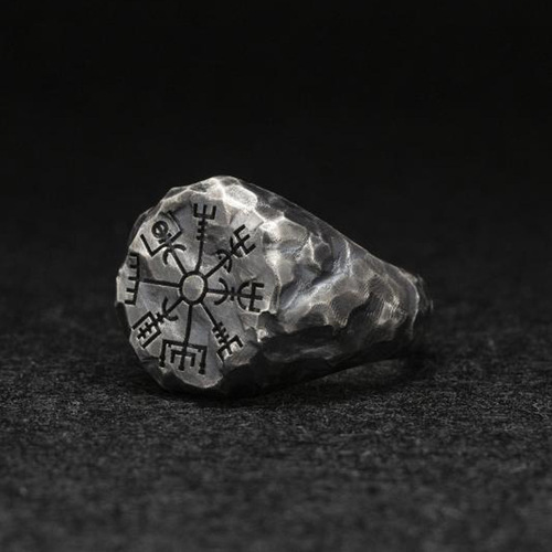 Chiba Nordic hand-engraved compass ring with men's personality and trendy retro Thai silver ring with adjustable opening