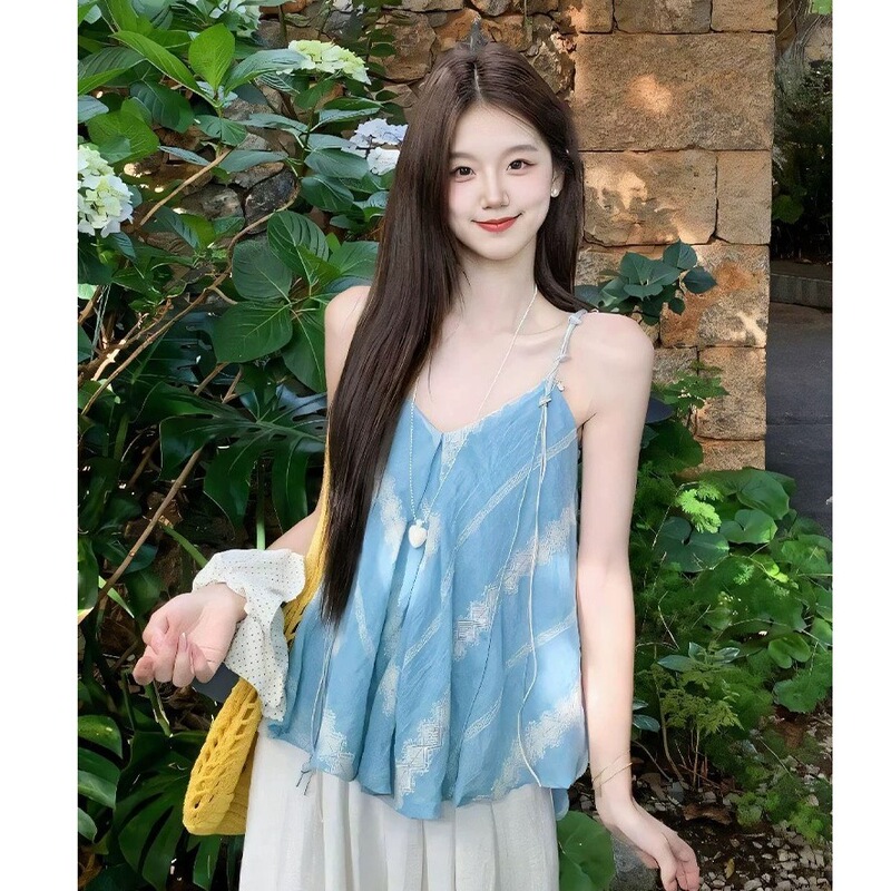 Resort-Style Blue Floral Beaded Camisole for Women, Summer Irregular Loose Backless Sleeveless Top with a High-End Feel