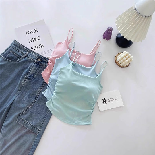 Pure Lust Style Sweet and Spicy Design Pleated Camisole for Women with Breast Pads, One-Cup Inner Wear and Outer Wear Beautiful Back Top for Women