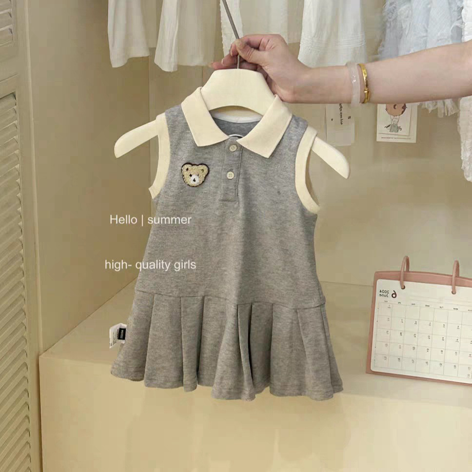 Sweet Little Girl's Summer New Gray Bear College Style Dress Baby Fashionable Polo Dress Vest Dress