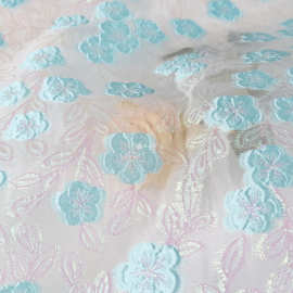 半透廓形淡蓝色小碎花提花织金欧根纱布料婚纱礼服时尚设计师面料