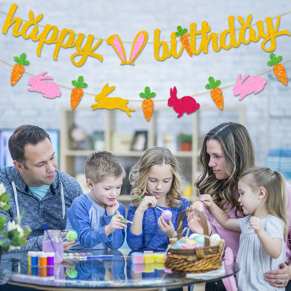 Fiesta de cumpleaños de Pascua decoración Garland Super Flash Feliz cumpleaños conejo tirar bandera tarjeta