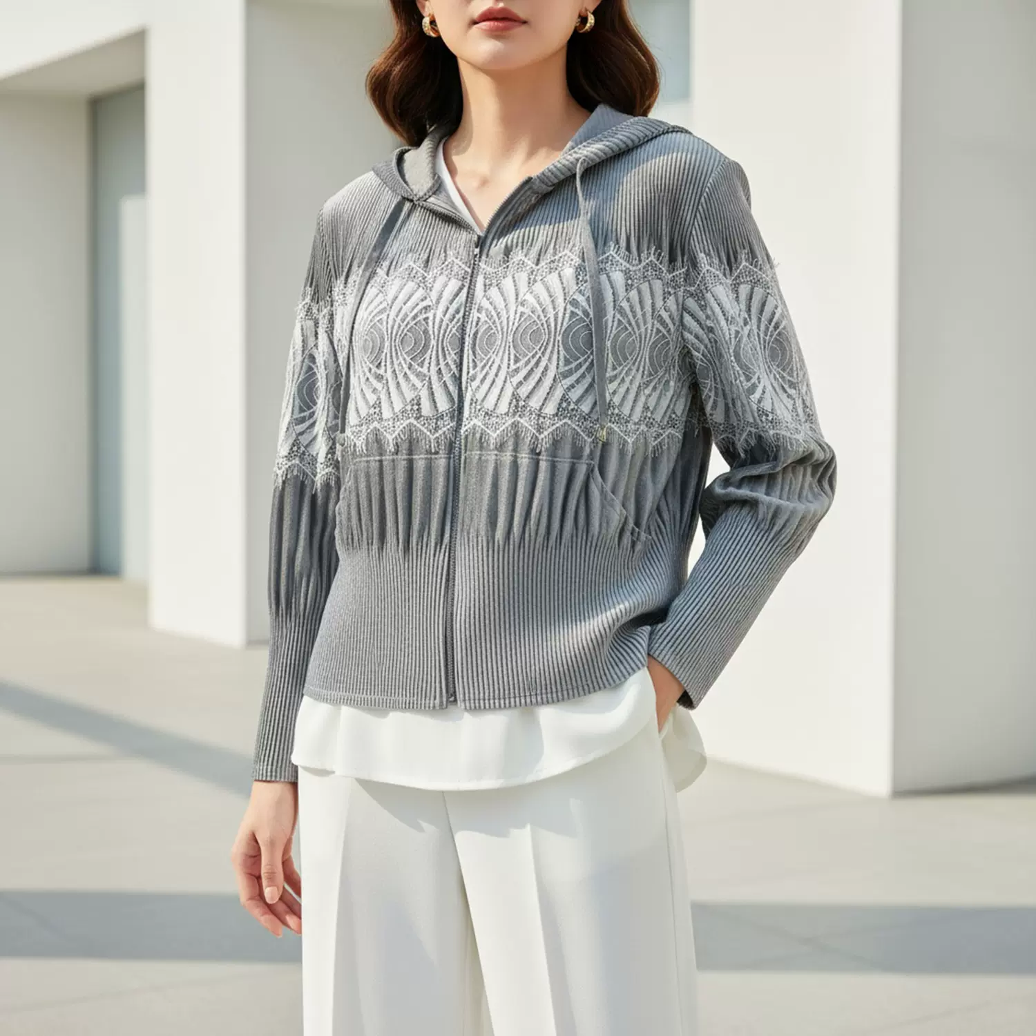 丝绒外套女秋冬高级感刺绣设计感小众拉链宽松三宅开衫连帽卫衣潮