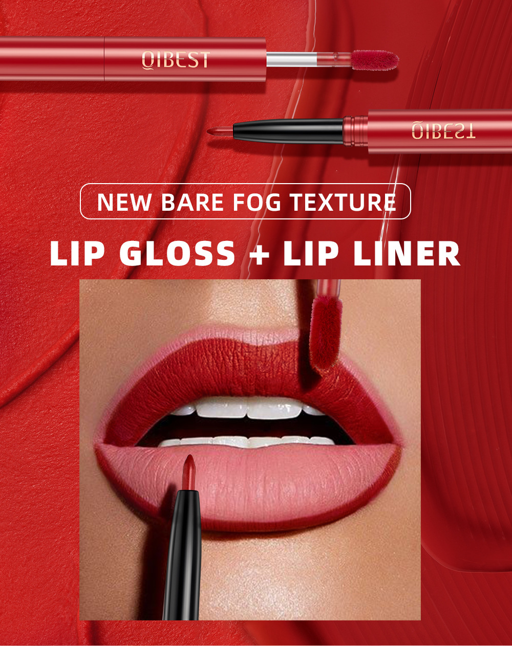 QIBEST Cross-border Two-in-one Lip Gloss and Lip Liner Pen Waterproof matte Velvet Non-smudging Double-head Lip gloss Set wholesale Item Picture
