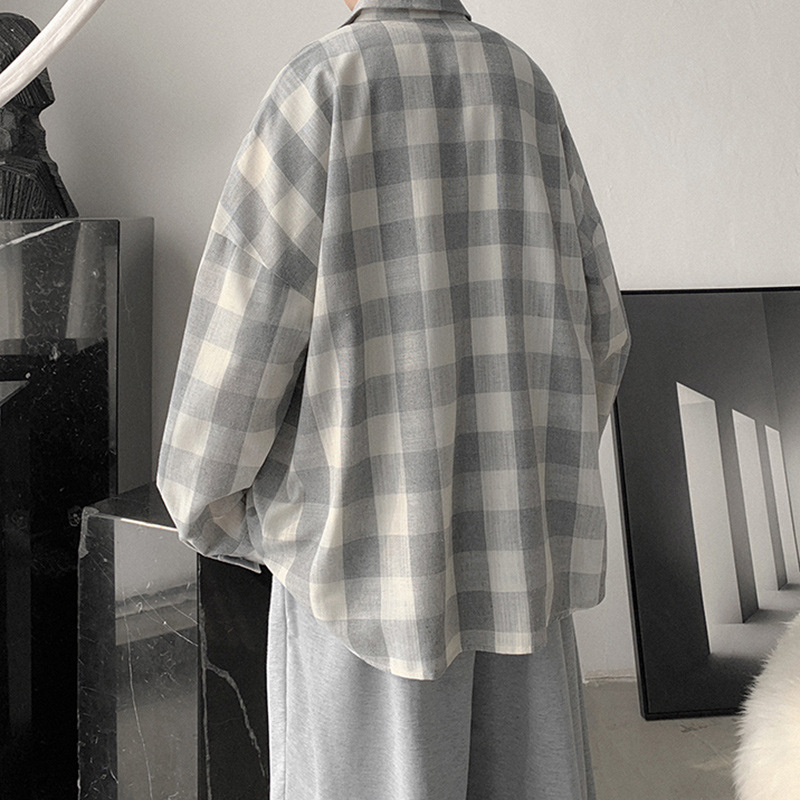 Camisa a cuadros estilo coreano Primavera de los hombres ins juventud camisa de manga larga 2021 suelta moda guapo abrigo del todo fósforo