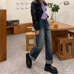 胖妹妹阔腿裤子2025年新款宽松显瘦大码春秋复古直筒高腰牛仔裤女