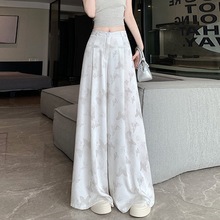 春夏季复古提花缎面阔腿裤裙女设计感腰裤垂坠感休闲直筒长裤