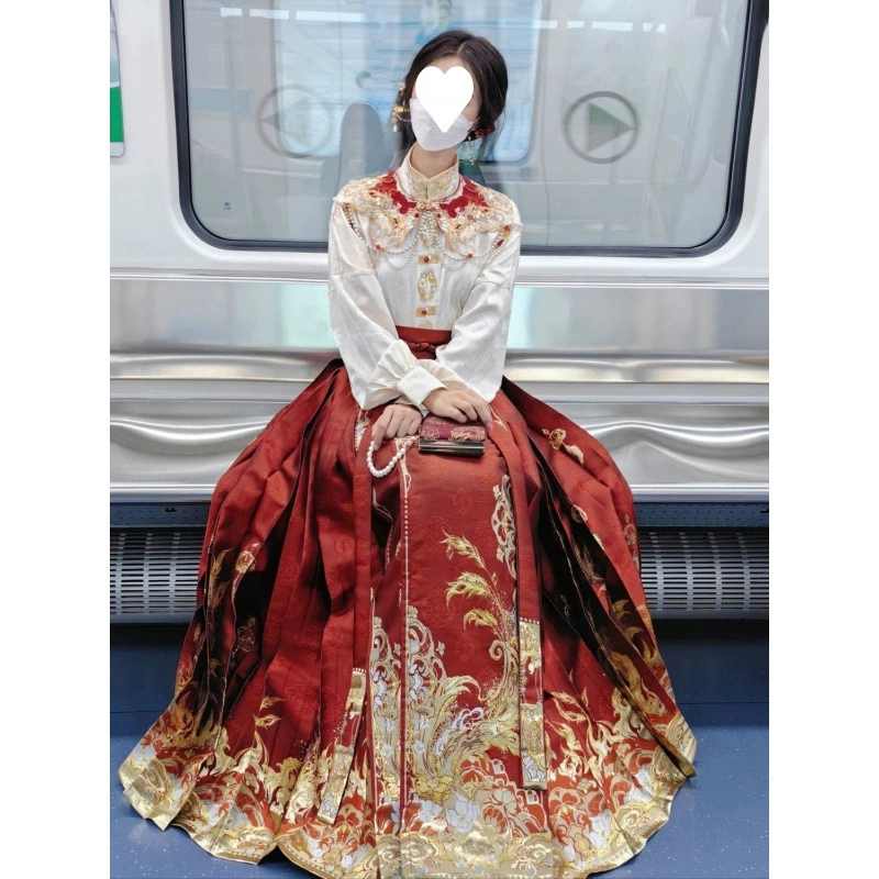 Новая китайская юбка с конским лицом большого размера Hanfu Guофэн маленькая вышивка летняя женщина тонкий рукав самолета красный костюм