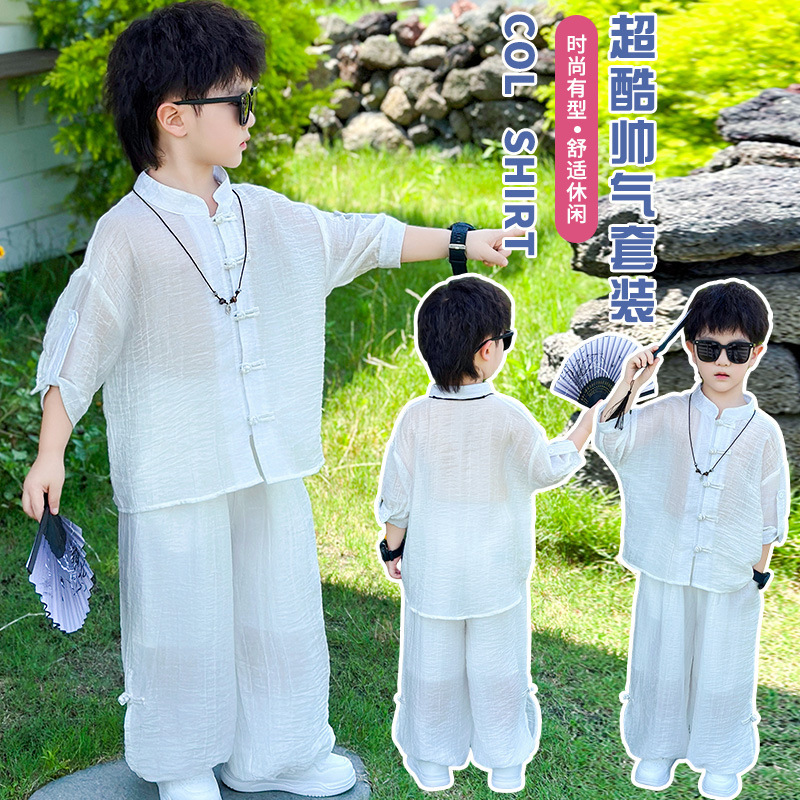 男の子の夏スーツ子供唐装漢服 2025 新しいレトロな新しい中国風のボタンシャツ小中型子供服|undefined