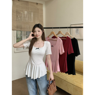 2025 summer new chubby girl plus size women's French square collar three-dimensional bow fishtail slim short sleeve T-shirt