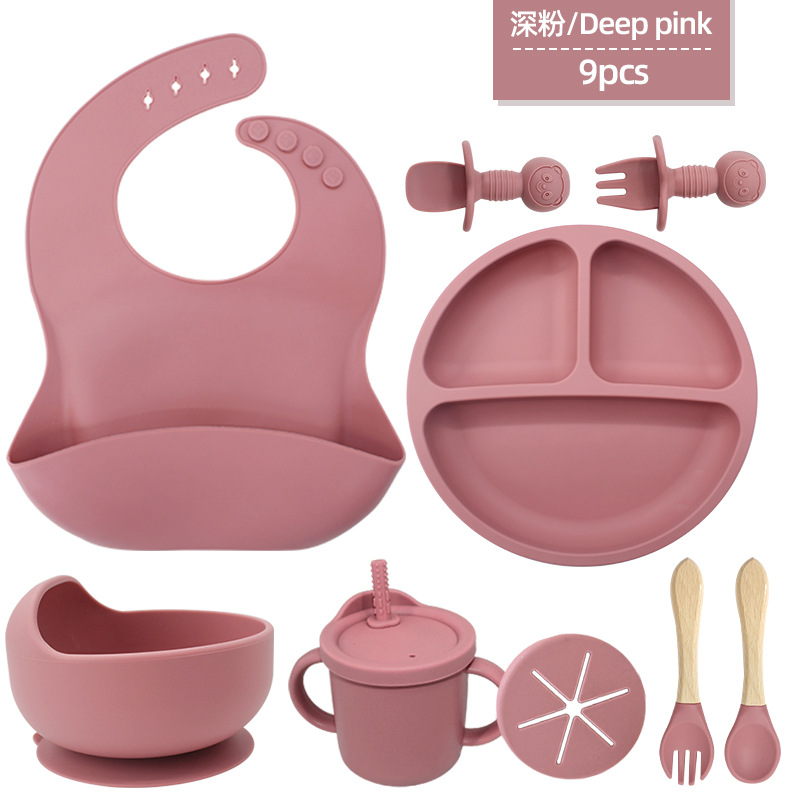 Juego de vajilla de silicona para niños Tazón de alimentación de grado alimenticio para bebés Taza de pajita molar para bebé