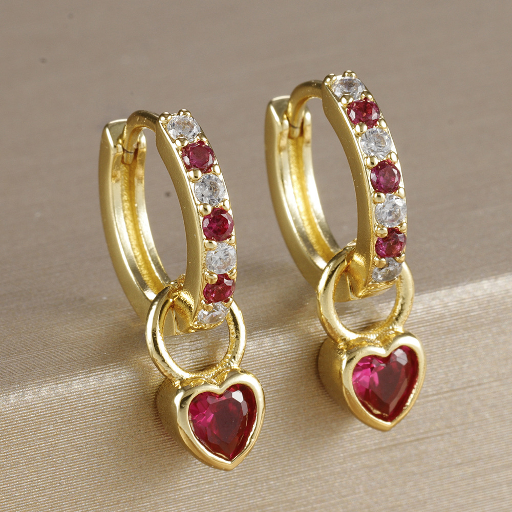 Copper Material Heart Shape Pattern 1 Pair Elegant Heart Shape Copper Zircon 18K Gold Plated Drop Earrings