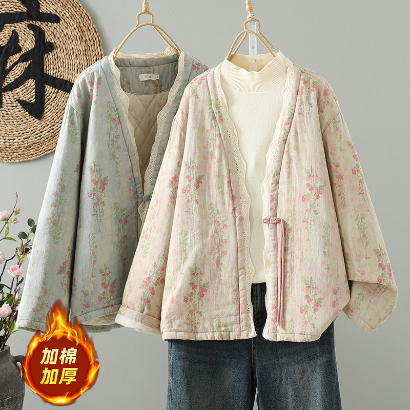 复古国风新中式蕾丝花边外套棉衣棉服女2025年秋冬季宽松大码保暖