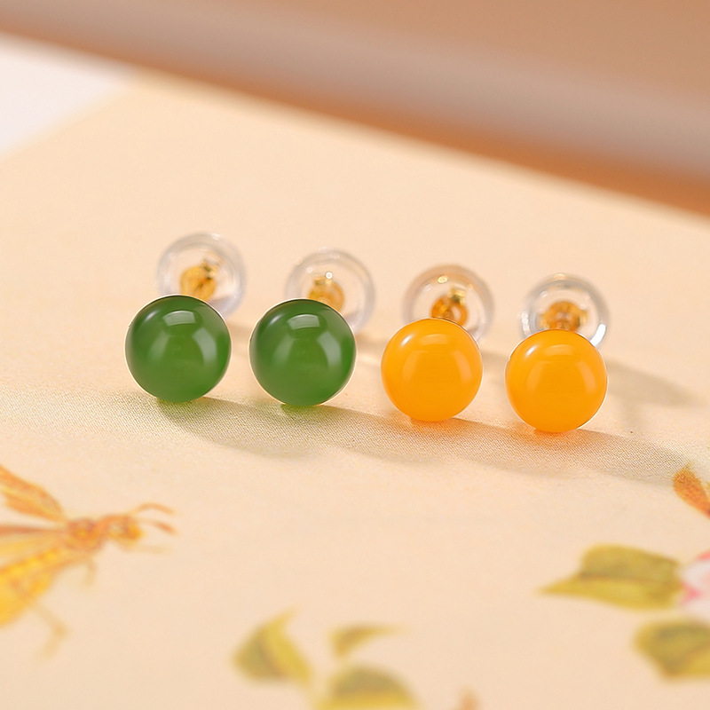 Bông tai bạc S925 mạ vàng đính ngọc bích Hetian jasper hạt tròn đơn giản — Mô hình sáp ong